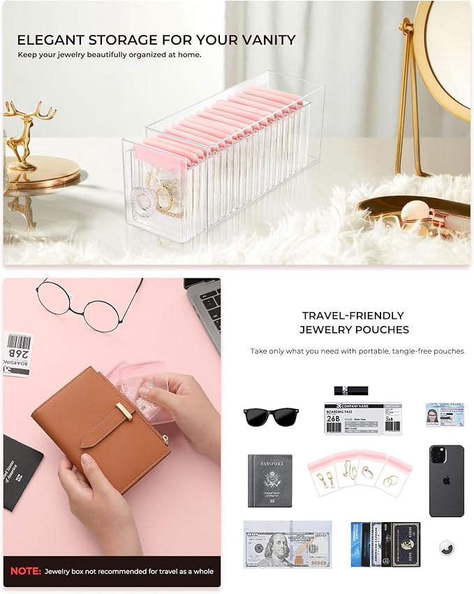 HOMEHIVE Clear Acrylic Jewelry Organizer Box with 20 Portable Pouches, Jewelry Storage Case for Women Girls, Tangle-Free, Anti-Tarnish, Compact Storage for Necklaces/Earrings/Rings, Upgraded Pink - Image 6