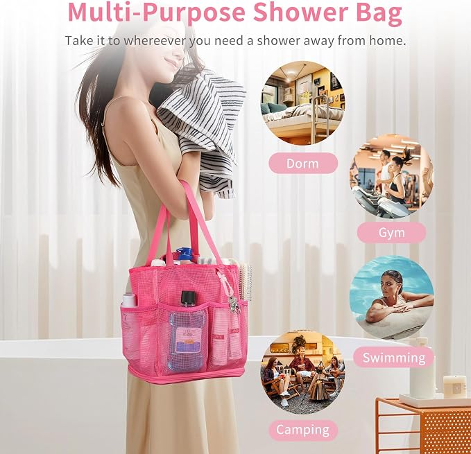 Mesh Shower Caddy Portable for College Dorm Room Essentials, Shower Tote Bag with Hanging Hook and Drawstring, Quick Dry Toiletry Bag with 6 Pockets for Bathroom, Swimming, Gym, Camping, Beach, Travel - Image 6