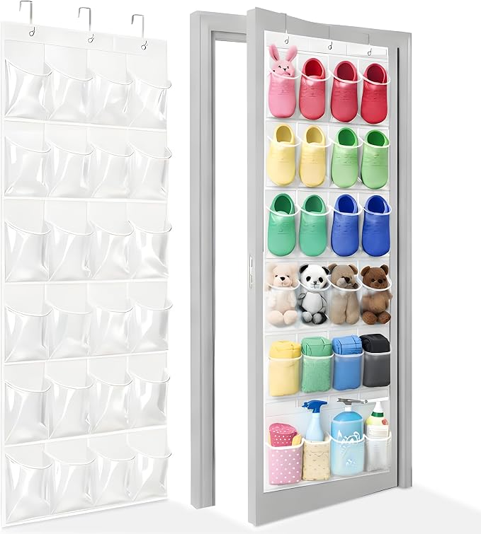 Over the Door Shoe Organizer with 24 Crystal Clear Pockets and Metal Hooks – Heavy Duty Hanging Shoe Storage Rack for Closet, Bathroom, Dorm – Space Saving for Shoes, Accessories, Toys (White) by Bofoho