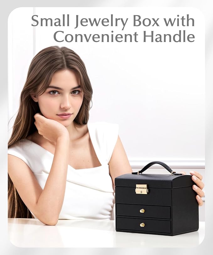 Homde Mothers Day Gifts Small Girls Jewelry Box with Lock: 3 Layer Organizer with Removable Tray - Storage for Ring Necklace Earring - Birthday & Return Gifts for Young Women (Graphite Black) - Image 2