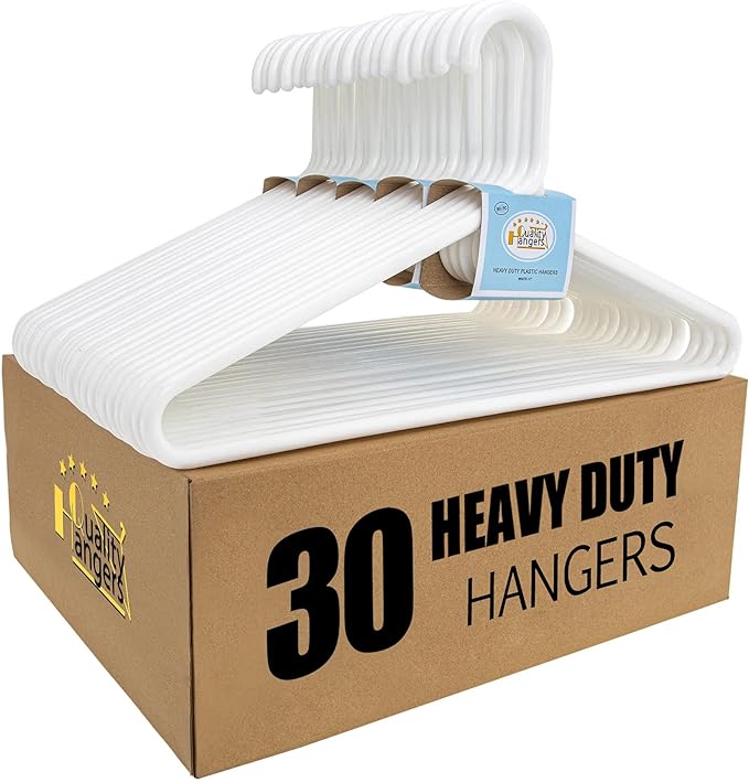 Quality White Plastic Hangers 30 Pack - Super Heavy Duty Multipack for Clothes - Thick Strong Standard Closet Clothing Hangers with Hook for Scarves and Belts-17 for Coats (White, 30) by QualityHangers