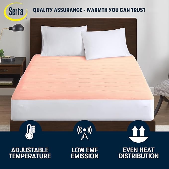 Serta Heated Mattress Pad Twin Size - Electric Mattress Pad, 10 Heat Setting Controller, Auto Shut Off Timer, Deep Elastic Pocket, Up to 17" Mattress, ETL Certified, Machine Wash, Twin, White