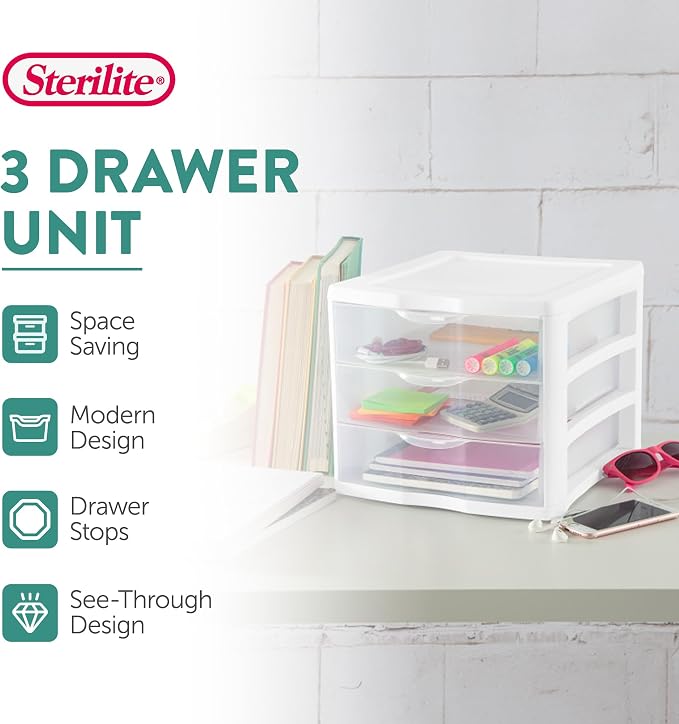 Sterilite 4-Pack 3 Drawer Unit, Stackable Plastic Organizer with Drawers, White Frame - Multi-Purpose Countertop Storage Containers for Office Supplies, Craft Rooms, Classrooms and Home Organization - Image 4