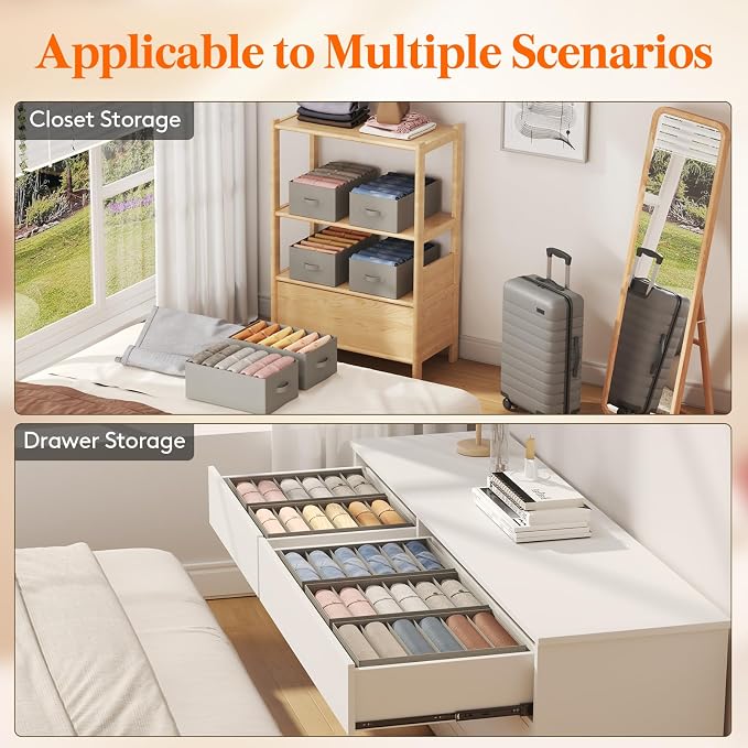 Lifewit 3 Pack Clothes Organizer, 6 Grids Closet Jean Storage Bins with Handles and Support Boards, Foldable Drawer Organizer for Sweater, Pants, T-shirt, Dress, Grey, 42 x 27 x 17 cm/16x10x7'' - Image 8