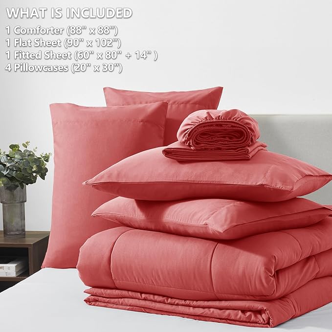 CozyLux Queen Comforter Set Coral, 7 Pieces Bed in a Bag, Coral Comforters Queen Size, All Season Bedding Sets with Stitch Quilted Comforter, Flat Sheet, Fitted Sheet, Pillowcases