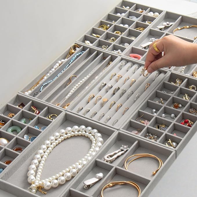 SPAKOWN Jewelry Drawer Organizer Inserts Set of 9, Velvet Jewelry Trays for Drawers, Storage for Earring, Ring, Necklace, Watch, Bracelet (Grey) - Image 6