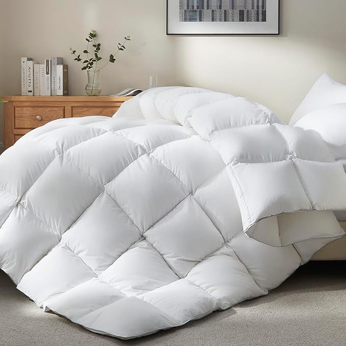 Ubauba Goose Feather Down Fiber Comforter King Size - All Season White Fluffy Duvet Insert - 750+ Fill Power Luxurious Hotel Bedding Comforter - Soft 100% Cotton Cover, Medium Warmth (106x90 Inch)