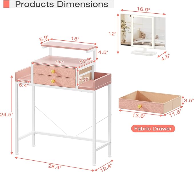 HIGDBFE Vanity Desk with Mirror and Lights, 28.4''W Small Makeup Vanity Table with Height-Adjustable Stand, 2 Fabric Drawers Compact Makeup Desk, Gift for Girls, Bedroom Small Space, Pink