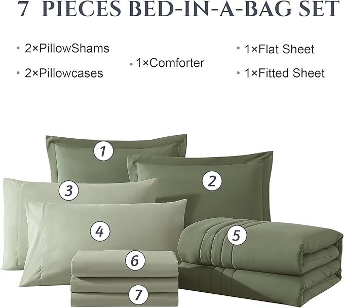 Monbix King Size Comforter Set - 7 Pieces Bed in a Bag King, Light Sage Green Bedding Sets with Comforter, All Seasons Comforter Bed Set with Sheets, Pillowcases & Shams