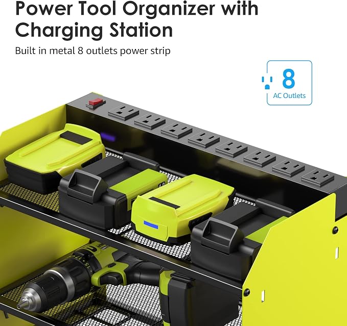 CCCEI Modular Power Tool Organizer Wall Mount with Charging Station. Garage Drill Storage Shelf with Hooks, Heavy Duty Rack, Tool Battery Holder Built in 8 Outlet. Gift for Men. Green, 2 Pack. - Image 2