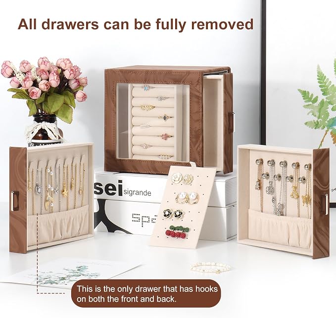 DesignSter Jewelry Box Organizer, Jewelry Box for Women, PU Jewelry Organizer Display Case with Side Drawers, Jewelry Storage for Earring Necklace Ring Bracelet Watch - Image 7