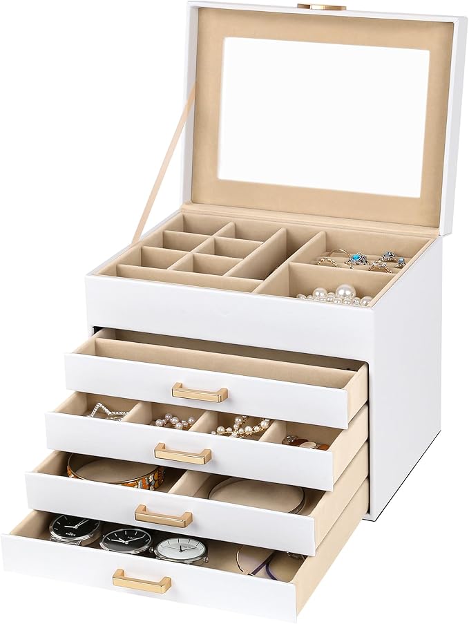Kendal Jewelry Box, 5-Layer Jewelry Organizer Box with Glass Lid, Brass Gold and White, Heart Shaped PU Leather, Storage Box for Necklace Earrings Rings Bracelets, Gift Idea for Girls LJC4DRWH - Image 2