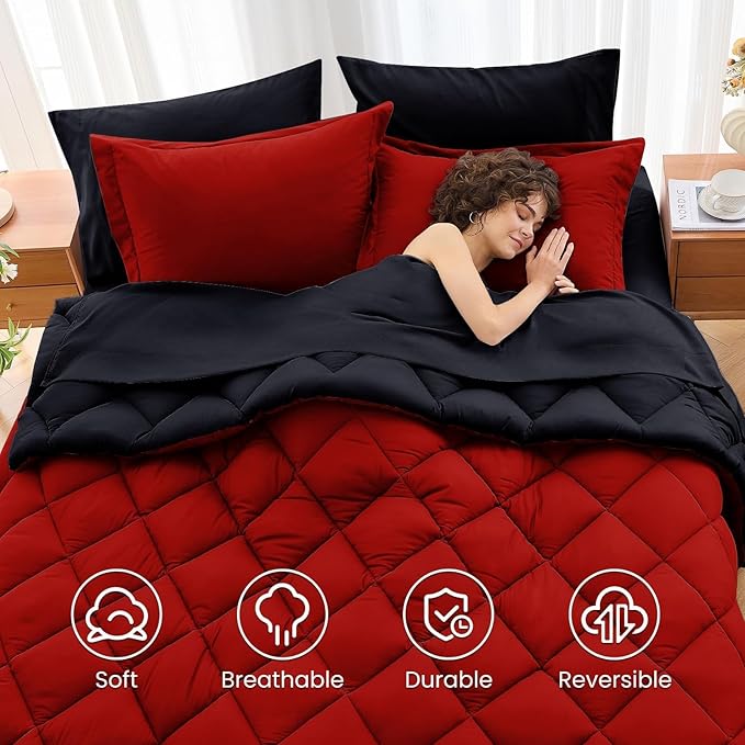 MUXHOMO 5 Pieces Twin Comforter Set, Reversible Bed in a Bag Twin Size, All Season Bedding Set with Comforter, Flat Sheet, Fitted Sheet, Pillowcases & Shams, Red & Black