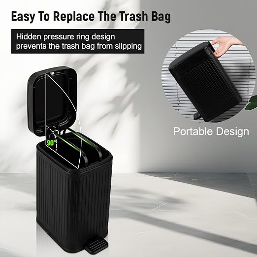 rejomiik Small Bathroom Trash Can with Lid Slim Soft Close Garbage Can Step Wastebasket Container Trash Bin for Office Bedroom Kitchen Living Room (1.9 Gallon Black) - Image 5