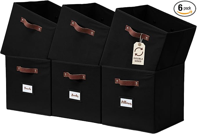 DECOMOMO Storage Cubes, 13x13x13 Storage Cube Bins with Labels, Fabric Organizer Bins (13" / 6pcs, Black) by DECOMOMO