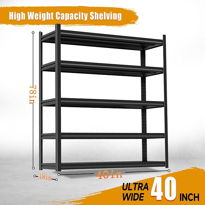 78" H Garage Shelving, 5 Tier Heavy Duty Metal Garage Storage Shelves, 3000 lbs Adjustable Standing Shelf and Double-Layer Posts for Garage,Warehouse,Basement, Kitchen,Thickened 78×40×18in - Image 2