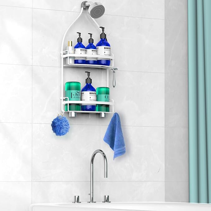 Meangood Shower Caddy Over Shower Head, White Anti-Swing Hanging Shower Caddy with 4 Remove Hooks for Razor, Sponge, Towels Rustproof Shower Organizer for Bathroom - Image 2