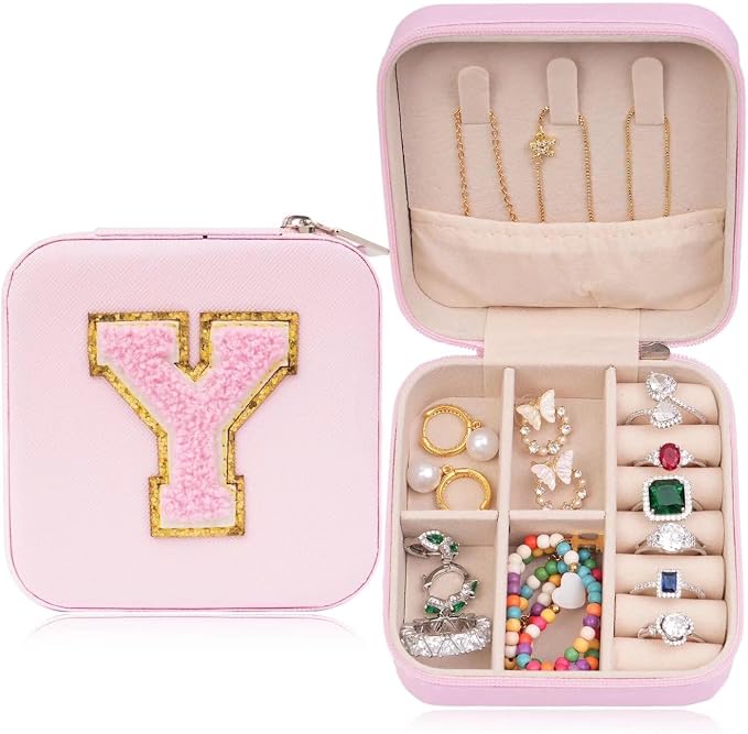 ETHOON Jewelry Travel Case Small Organizer Stocking Box Personalized Gifts Teenage Jewelry Accessories Holiday Wedding Christmas Gift for Women Pink, Letter Y by ETHOON