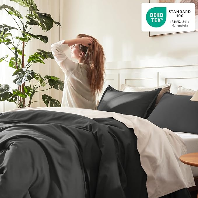 Litanika Dark Grey Comforters Oversized Queen Size, 3 Pieces Lightweight Solid Bedding Comforter Set, All Season Fluffy Bed Set (98x98In Comforter & 2 Pillowcases)