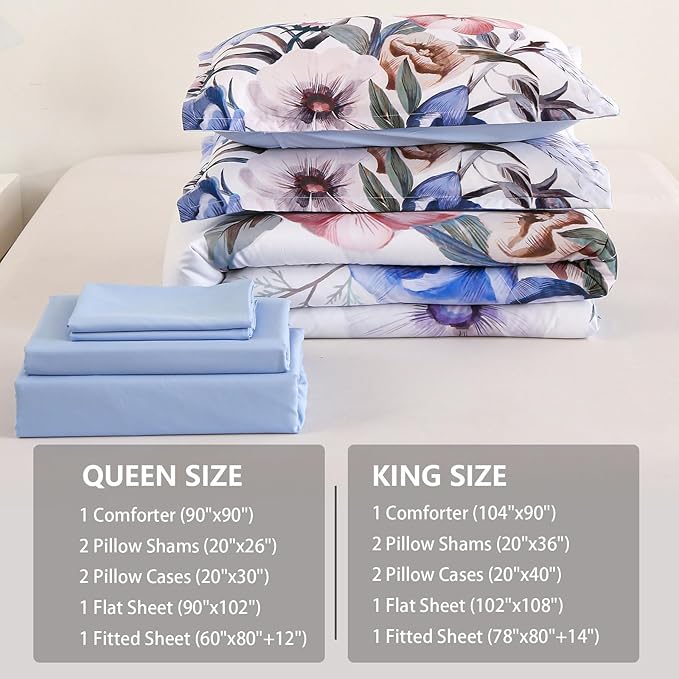 Luxudecor Floral Comforter Set Queen Size 7 Piece, Blue Flower Bed in a Bag, Elegant Floral Comforter with Sheet Set, Soft Microfiber Bedding Set for All Season (Blue, 90"x90")