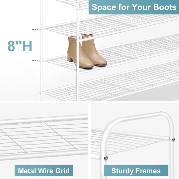 AOODA 4 Tier Long Metal Shoe Rack for Closet Wide Stackable Shoe Storage Organizer for Entryway, Bedroom, Floor, Holds 30 Pairs Men Sneakers Large Boot Shelf with Wire Grid, White - Image 5