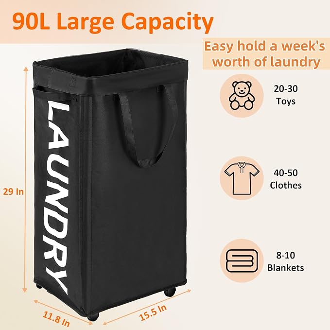 Optish Laundry Basket with Wheels, 90L Rolling Laundry Hamper with Wheels, Large Clothes Hamper on Wheel with Removable Mesh Bag for Bedroom, Dorm Room Essentials, Black - Image 2