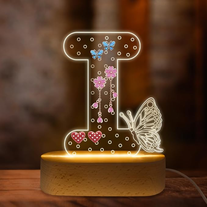 COSHAYSOO Initial Acrylic Earring Holder Organizer for Teen Girls with Butterfly Decorations LED Night Light, Personalized Birthday Easter Basket Stuffers Gifts for Daughter Granddaugther Letter I by COSHAYSOO