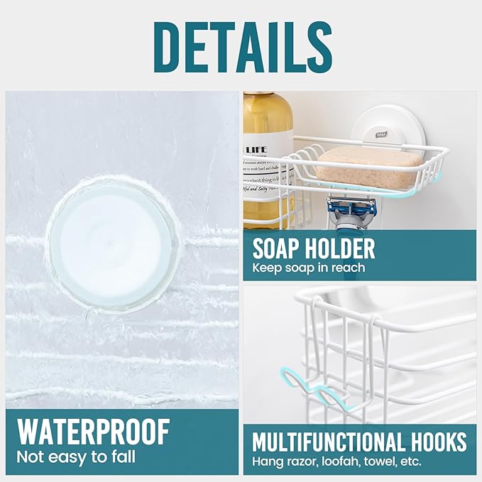 TAILI Shower Caddy Suction Cup with Hooks & Soap Holder, Heavy Duty Bathroom Shower Organizer, No Drilling Shelves for Inside Bathroom, Metal Storage Basket - Image 5