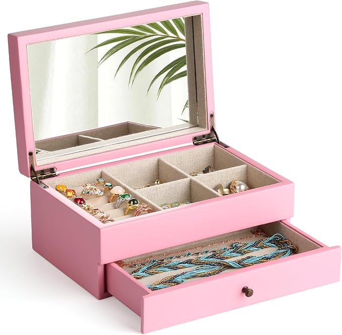Meangood Jewelry Box Organizer for Women, 2 Layer Large Jewelry Storage Case, Rustic Wooden Jewelry Box with Mirror & Ring Tray for Necklace Earring Bracelets Rings, Vintage Style (Pink) by Meangood