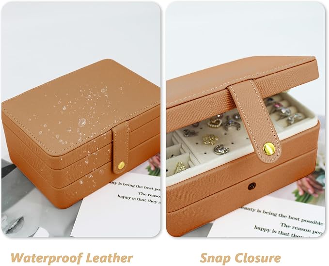 KOOAAICCHI Small Jewelry Box, Travel Jewelry Organizer, Portable Jewelry boxes for Women Girls Gift, Double Layers PU Leather Jewelry Holder for Rings, Earrings, Necklaces-Brown - Image 2