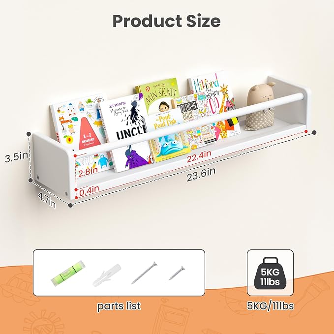 upsimples 2 Pack Nursery Book Shelves, 23.6 Inch Floating Bookshelves for Wall, Baby Nursery Decor, Small Solid Wood Wall Mounted Shelves for Baby Kids Boys Girls, White - Image 3