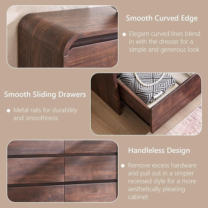 Aitjunz Modern 6 Drawers Dresser for Bedroom, 47" Wide Wood Dressers & Chests of Drawers w/Curved Profile Design, Mid Century Modern Dresser w/Natural Texture for Bedroom, Living Room, Brown