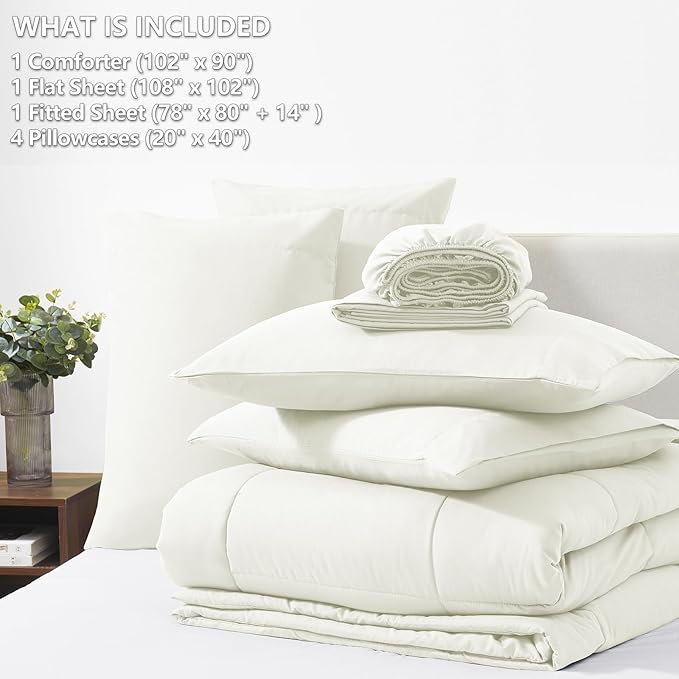 CozyLux King Size Comforter Set Ivory, 7 Pieces Bed in a Bag, Ivory Comforter King Size, Bedding Sets with All Season Quilted Comforter, Flat Sheet, Fitted Sheet, Pillowcases