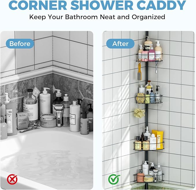 Corner Shower Caddy Tension Pole，4 Tier Adjustable Bathroom Organizer Shelves，Inside Shower Storage With Hidden Hook & Towel Holder,63.7-119 Inch No-Drill Quick Installation Shower Rack,Black - Image 7