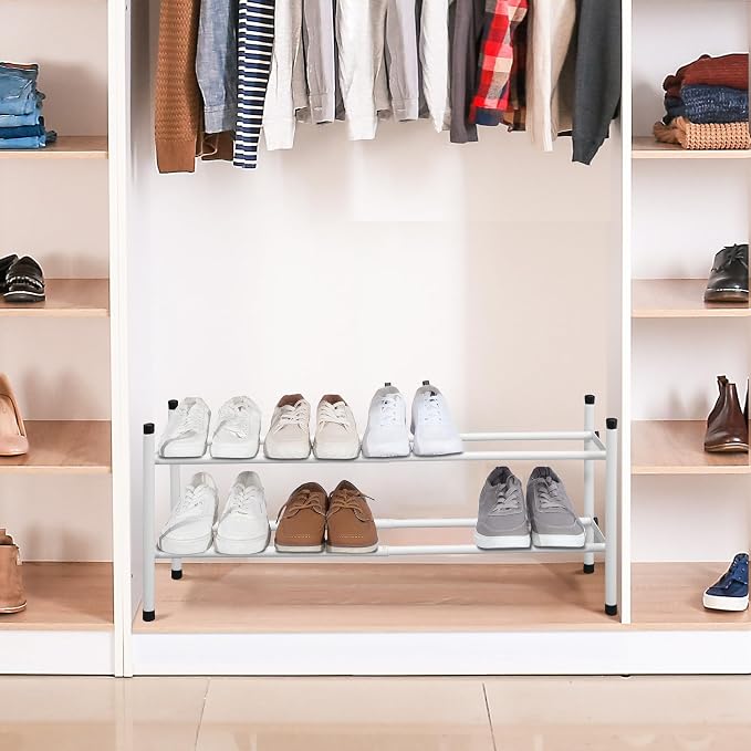 STORAGE MANIAC Expandable Shoe Rack, 8 Pairs Stackable Small Shoe Rack, Metal Adjustable Shoes Organizer for Closet, Entryway, Hallway, Garage, Front Door, Shoes Shelves, White 2 Tier - Image 2