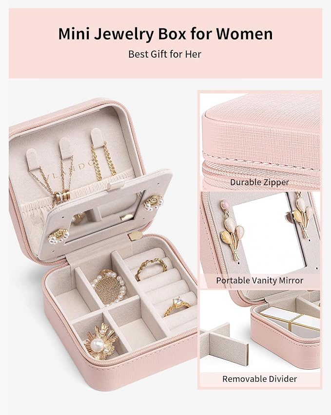 VLANDO Valentines Day Gifts - Small Travel Jewelry Box Organizer -Jewelry Display Case for Girls Women Bridesmaid Gift Rings Earrings Necklaces Storage with Mirror Pink - Image 3