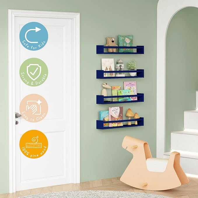 Forbena Wall Book Shelf Organizer for Kids Room Set of 4, Large Floating Book Shelves for Boy Nursery Wall Deocr, 24 Inches Wall Mount Bookshelf for Toddler Child Teen Boys Bedroom (Navy Blue) - Image 4