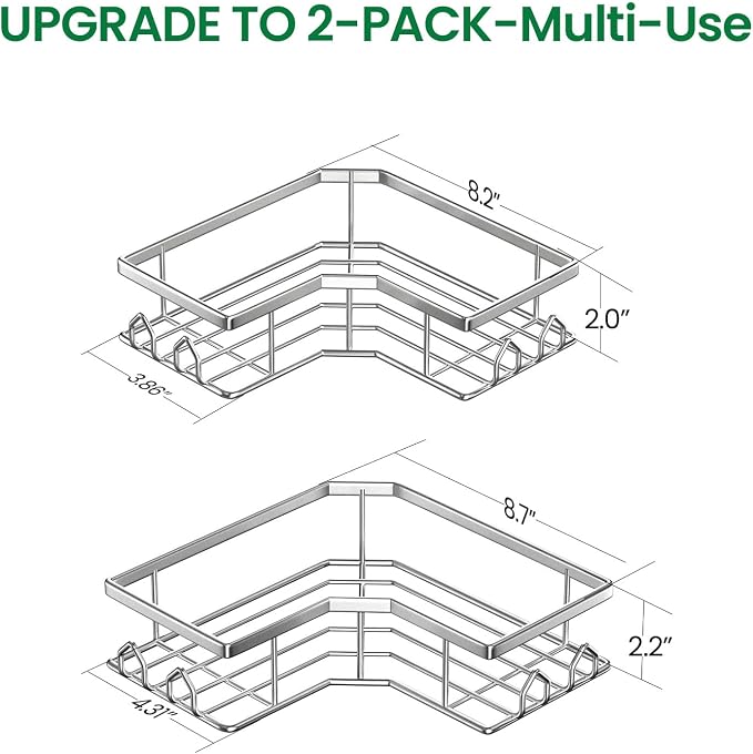 Adhesive Shower Caddy, 2 Pack Corner Bath Organizer, Rustproof Stainless Steel Shower Shelves with Large Capacity, No Drilling Shelves for Bathroom Storage, Home, Kitchen Decor (Silver). - Image 2