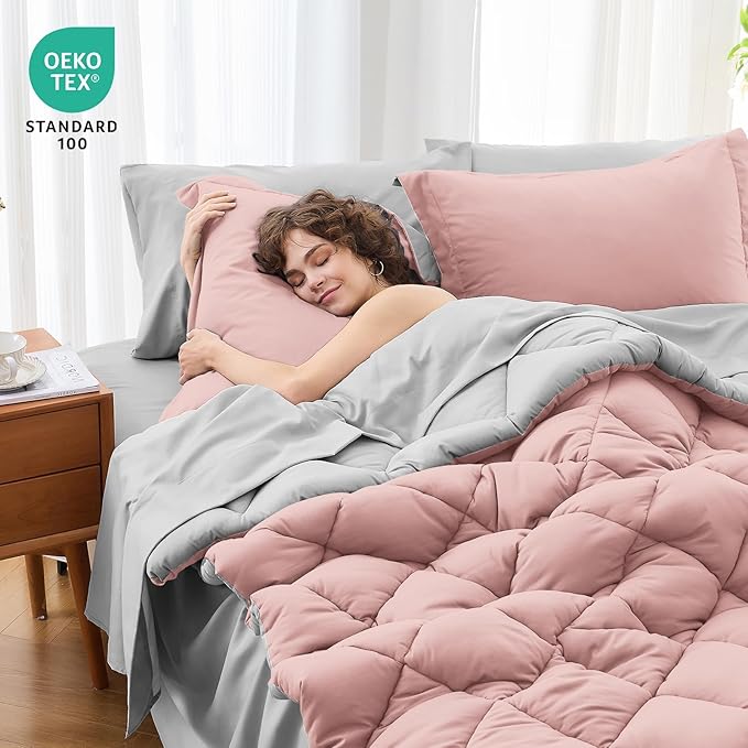 MUXHOMO 5 Pieces Twin Comforter Set, Reversible Bed in a Bag Twin Size, All Season Bedding Set with Comforter, Flat Sheet, Fitted Sheet, Pillowcases & Shams, Pink & Light Grey