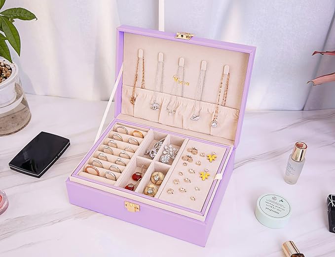 Voova Jewelry Box Organizer for Women Girls, 2 Layer Large Men Jewelry Storage Case, PU Leather Display Jewellery Holder with Removable Tray for Necklace Earrings Rings Bracelets,Vintage Gift,Lavender - Image 4