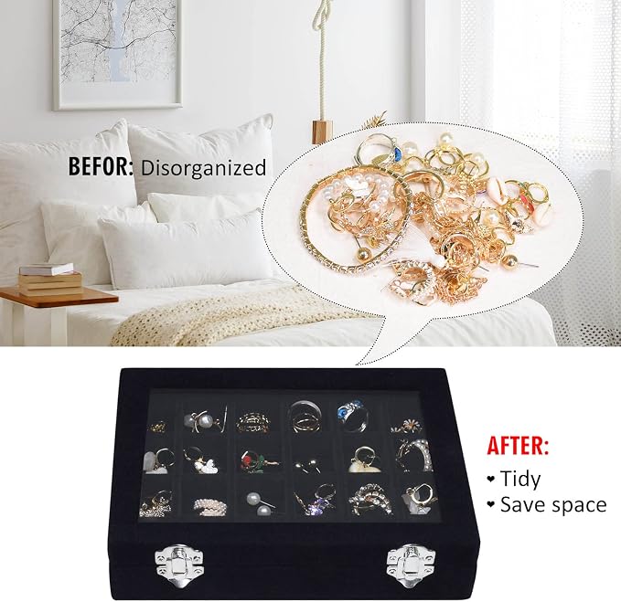 Vicoter Velvet Jewelry Box 24 Grid Jewelry Ring Display Organiser Box Tray Holder Earrings Storage Case for Girls Wife Mom Women (Black) - Image 5