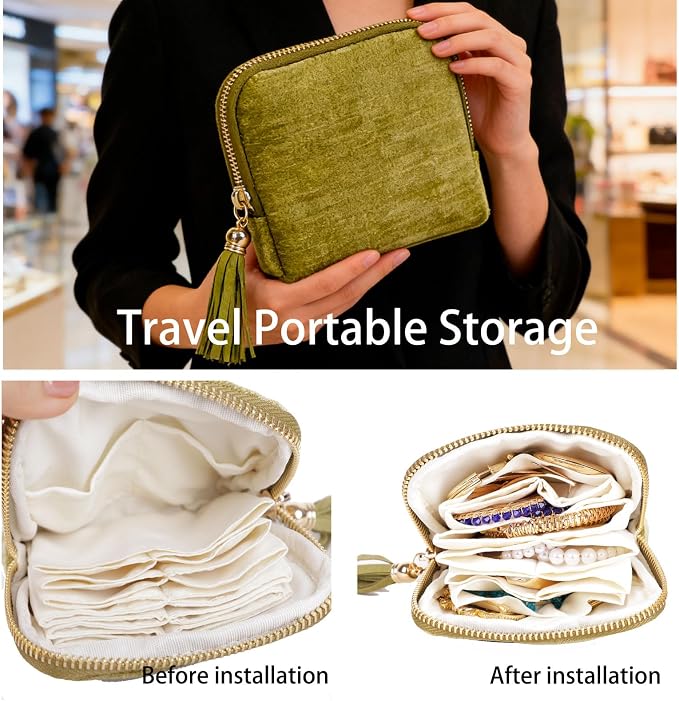 ASINGYER Travel Jewelry Storage Bag for Women, Velvet Portable Jewelry Organizer with Tassel Zipper, Small Pouches for Bracelets Necklaces Rings Earrings, Wedding Gift for Women (Green) - Image 3