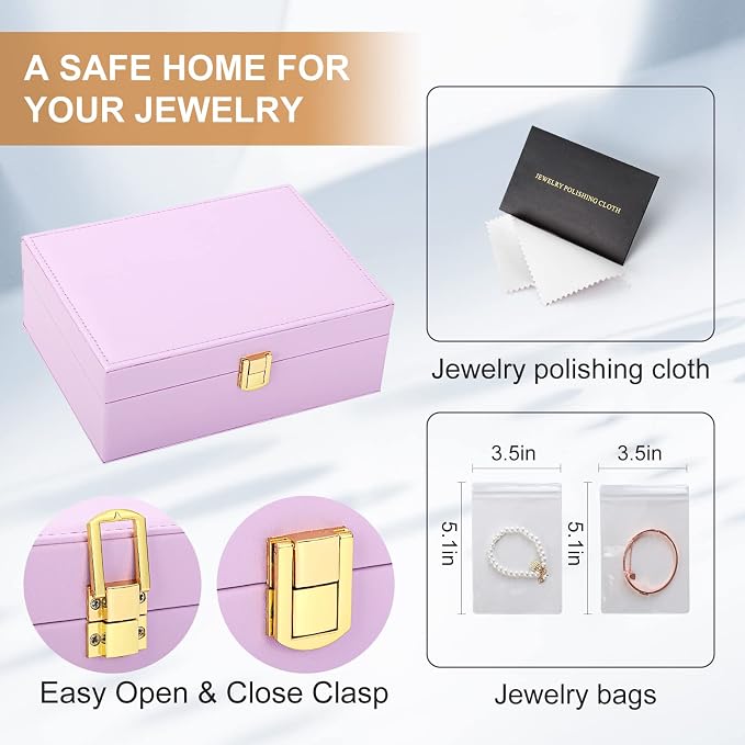 Jewelry Box for Girls Women Leather Jewelry Organizer with Lock Double Layers Jewelry Storage Case Removable Tray for Necklace Earring Ring with Polishing Cloth and Jewelry Bags, Home Decor Gifts - Image 6