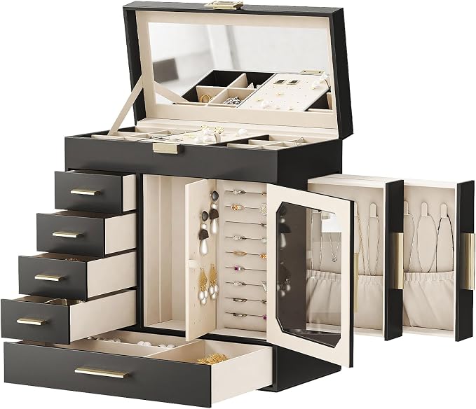 HOOBRO Jewelry Box with Mirror, Jewelry Organizer Box with Capacious Storage Space, Jewelry Holder Organizer, Hand-Held Jewelry Case, Glass Cover, Modern Style, Black and Light Gold BK06JB04G1 by HOOBRO