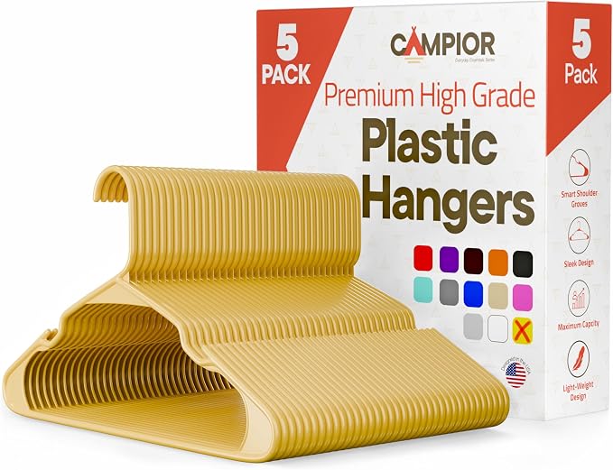 Plastic Clothes Hangers – Heavy Duty Hanger Set, for Organizing Clothes, Dresses, and Coat, Holds Up to 5 lbs, Space-Saving Hangers with Non-Slip Shoulder Grooves, Pack of 5, Yellow by Campior