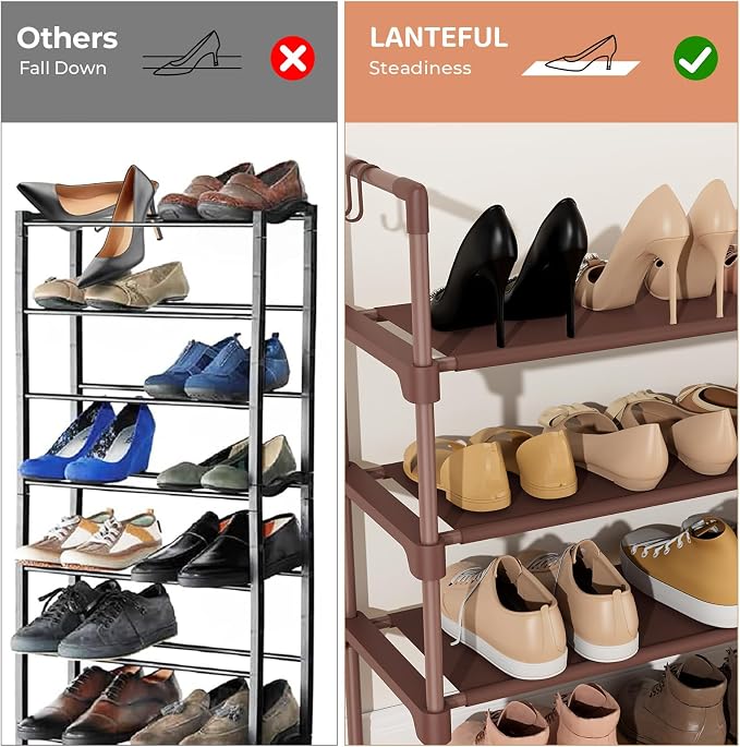 LANTEFUL 3 Tier Shoe Rack for Closet Shoe Organizer with 5 Hooks, Long Shoe Shelf Storage for Shoe and Boot Stackable Free Standing Shoe Rack for Entryway, Garage, Small Spaces, Dorm, Brown - Image 6