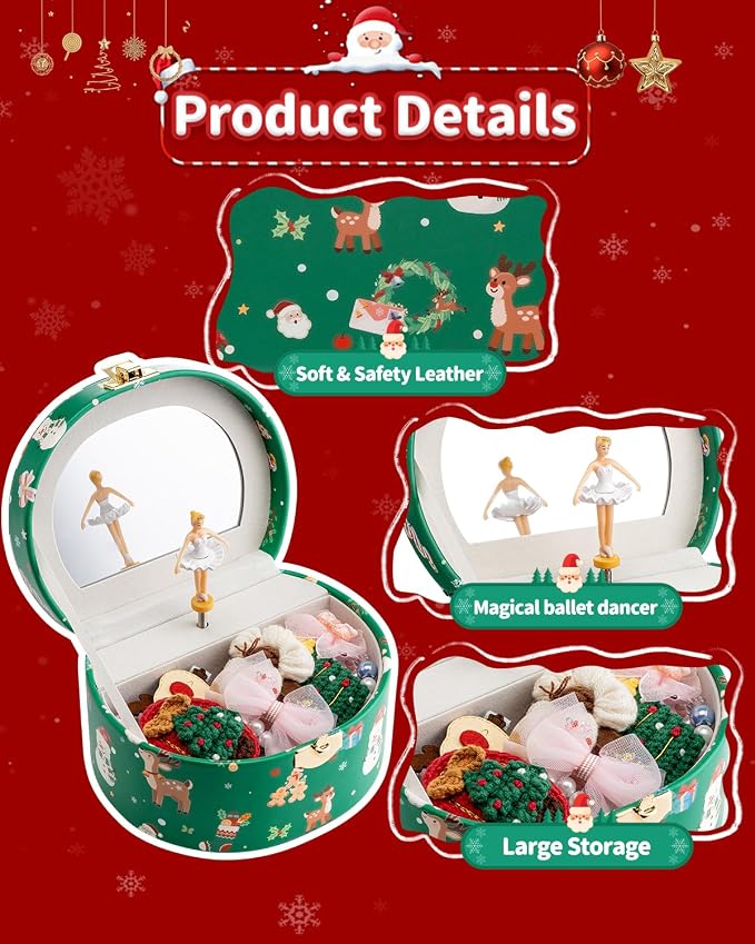 VLANDO Gifts for Girl, Musical Jewelry Box for Girls, Small Kid Music Box with Ballerina for Party Bedroom Decor, Gifts for Girls Kids - Christmas Green - Image 3