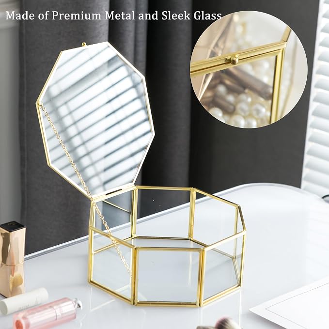 Glass Vintage Jewelry Box, Geometric Jewelry Display Organizer Box Vanity Lidded Box Home Decor Accent Decorative Box for Storage Trinket Rings Bracelet - Image 3