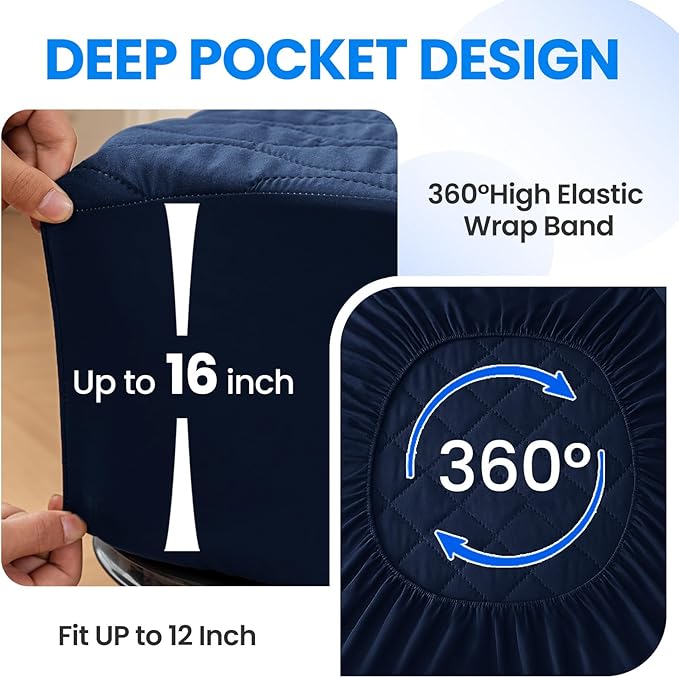 Waterproof Mattress Protector,Twin XL Mattress Protector Fitted Up to 16" Deep Pocket, Soft Breathable Bed Mattress Cover for Bedroom,Doom Room Machine Washable,(Navy Blue)