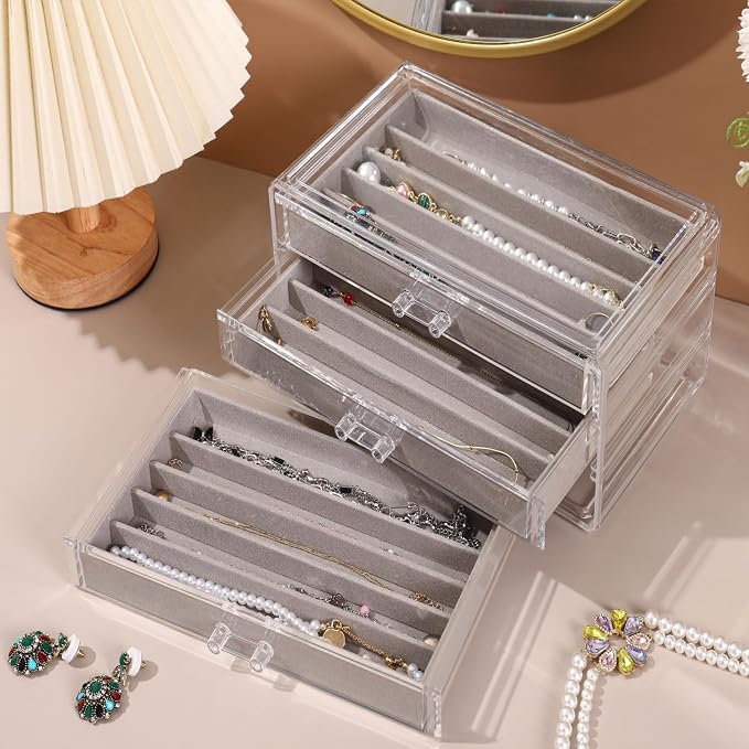 CLUQMEIK Necklace Organizer Box, Tray with Clear Lid, Dustproof Velvet Necklaces Holder Storage Display Case, Necklace Tray Drawer Insert for Pendant Suitable for Women and Girls (Grey) - Image 6